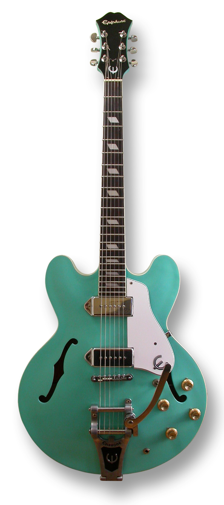 Turquoise Epiphone Casino, isolated: dog-ear P-90s, Epiphone vibrato. A Casino colorway, not an ES-335 and not a Gibson ES-330.