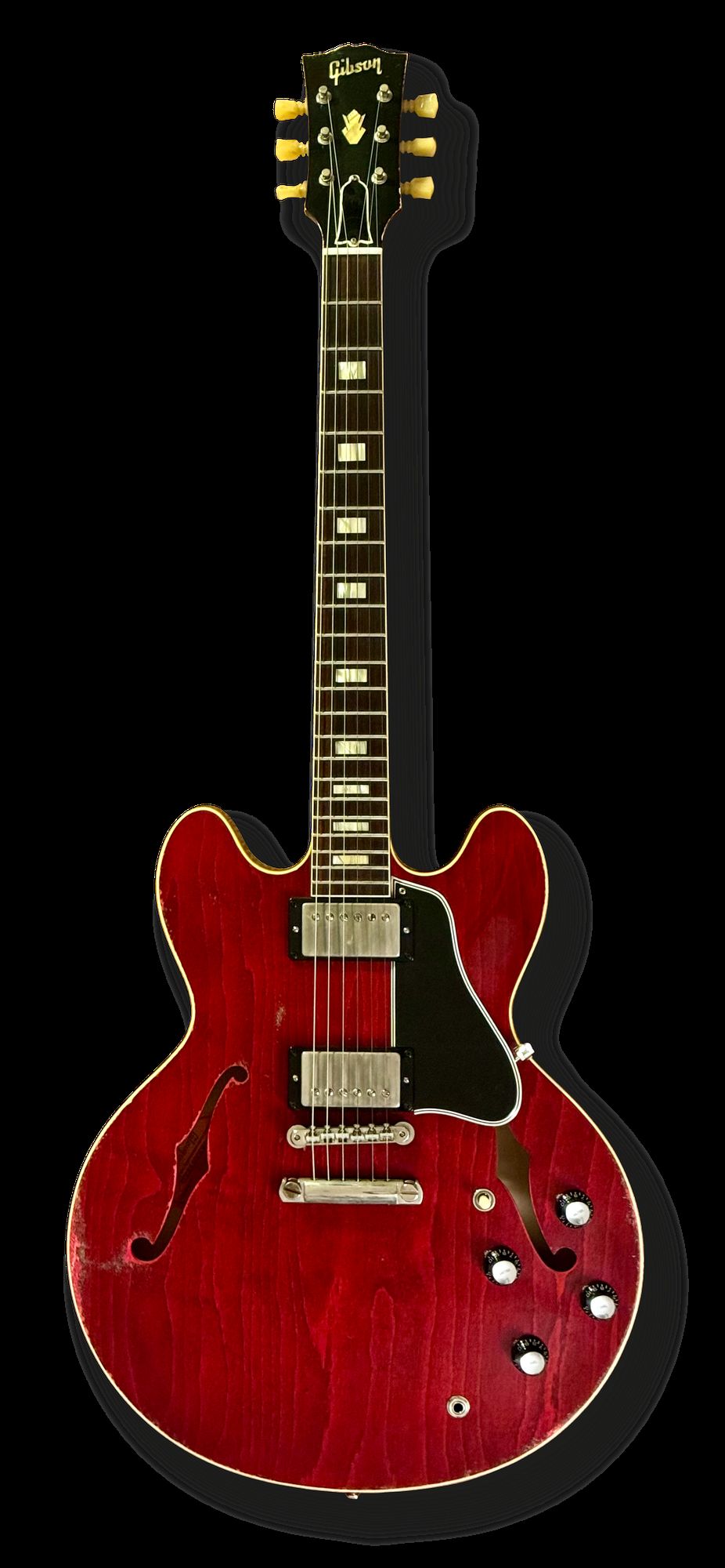 2022 Gibson Custom Shop ES-335 64 Murphy Lab Heavy Aged in dark cherry red, isolated. A 1964-style reissue, not an original 1964.