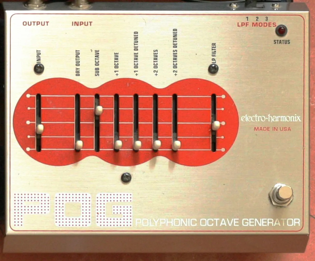 Brushed-steel Electro-Harmonix POG Polyphonic Octave Generator with red slider panel and eight faders, seen from above